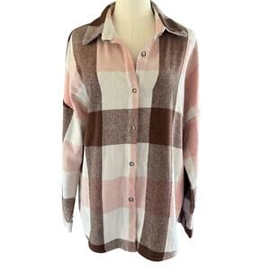 Pink Brown Plaid ButtonUp Shacket Womens Flannel Size XL Fall Autumn Casual
